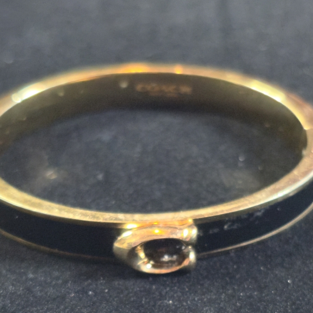 Coach Black Enameled Hinged Bangle Gold Plated Brass Black Enamel Side Clasp - Picture 6 of 8